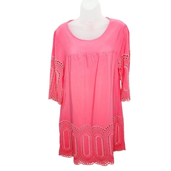 Crown & Ivy Pink  3/4 Sleeve Eyelet Trim Women's Casual Spring- Summer Dress 14 - Picture 1 of 11